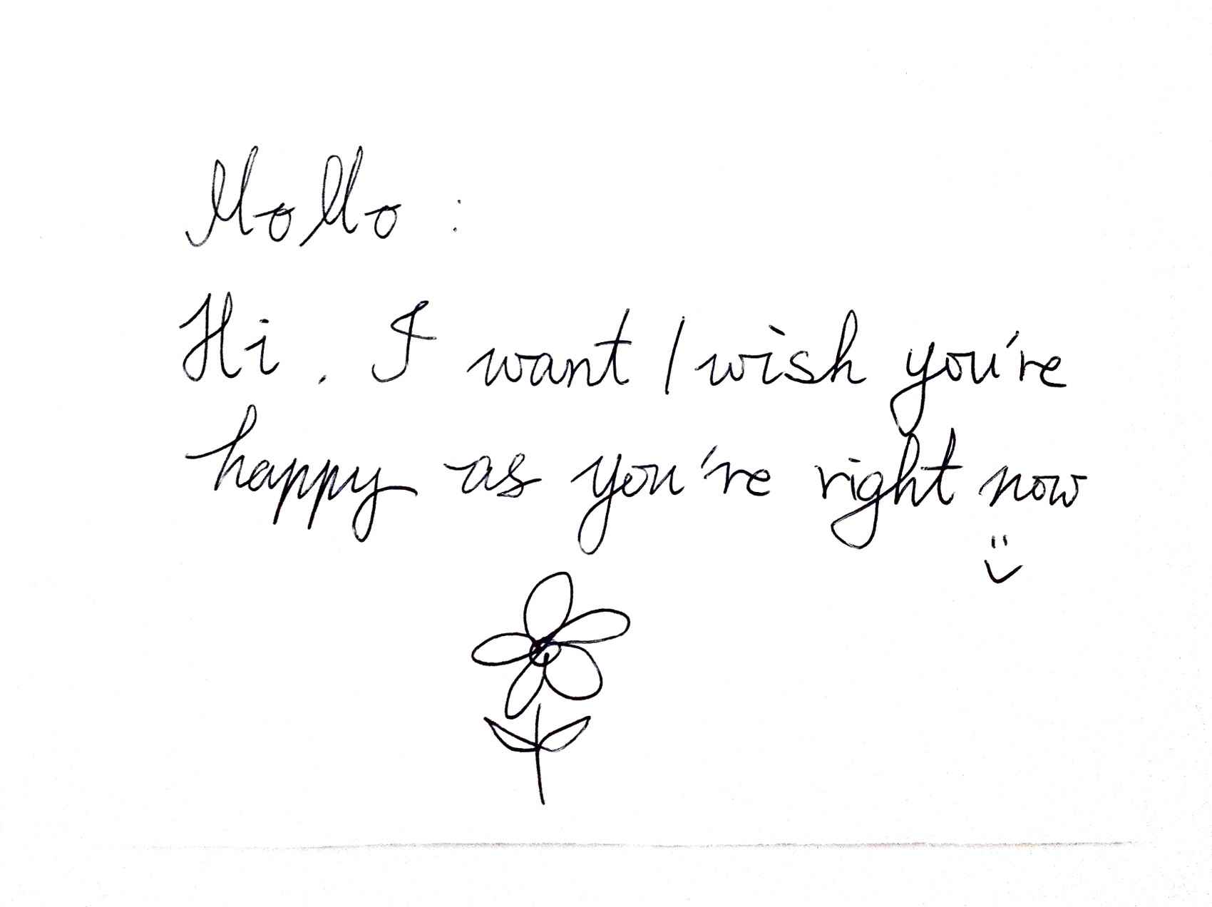 Drawing of a flower with the message 'Momo: Hi. I want/wish you're happy as you're right now'