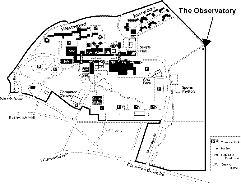 Map of Bath Uni with an arrow pointing to the AstroSoc observatory. It's located in the north corner of where East Extension Car Park is today.